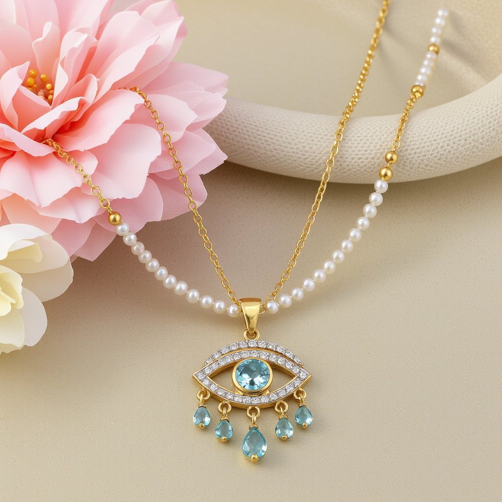 Тонкая цепочка с золотыми и серебряными шариками и мелкими жемчужными камушками на цепочке есть кулон в форме глаза, зрачок глаза из аквамарина от глаза идет маленькая подвеска с маленькими камушками аквамарина 