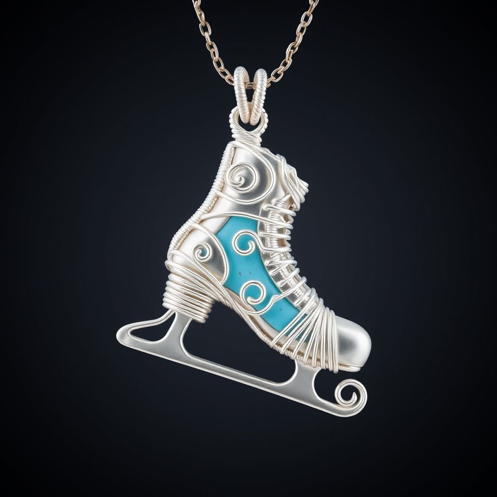 Silver Pendant shape one ice skate with turquoise stripe inside the low thin part blade