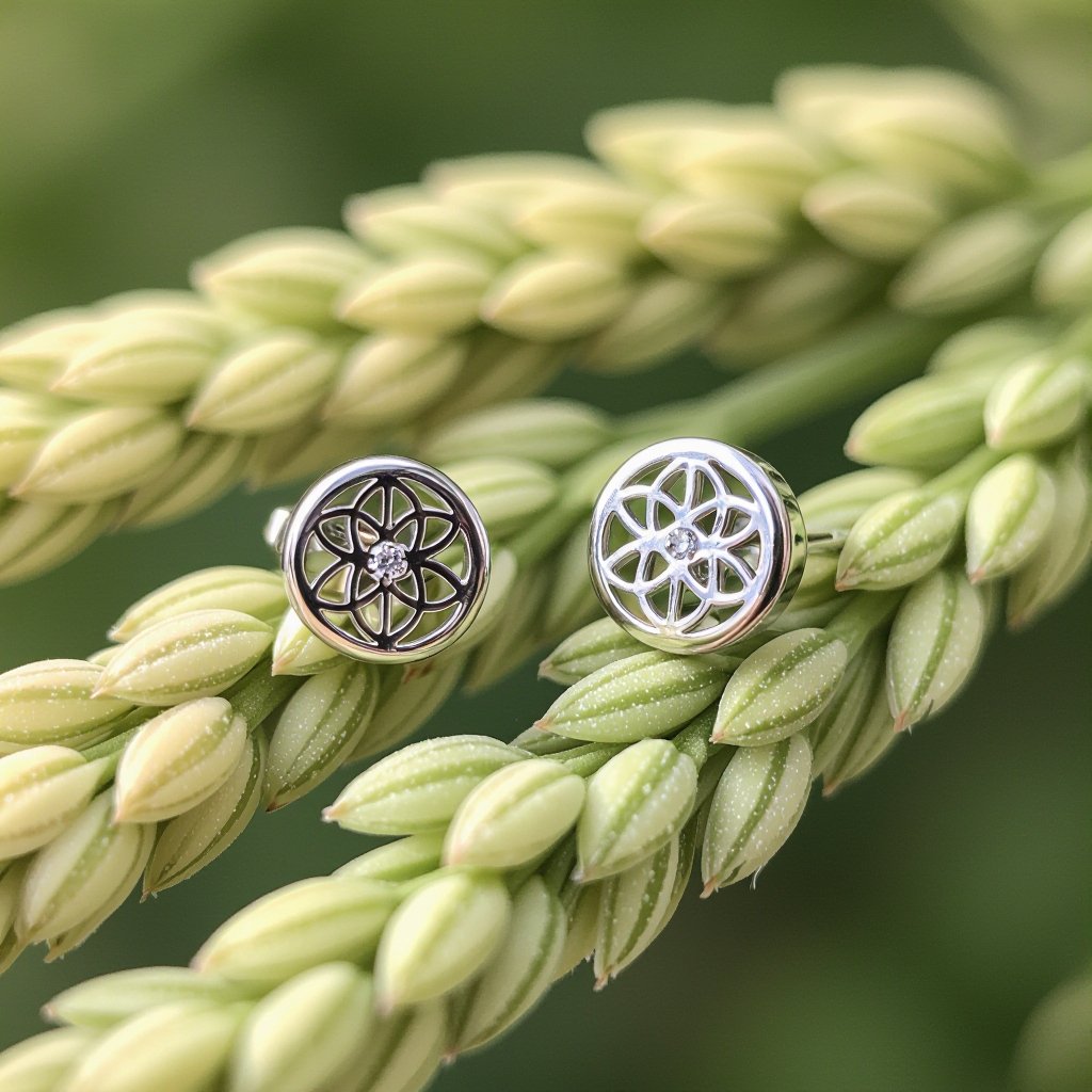 Пуссеты винтовой замок круглый символ цветка жизни с маленьким фианитом по центру