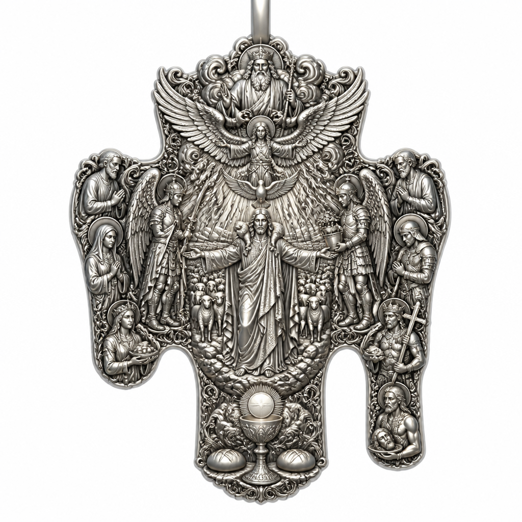A artistic women's pendant made of silver suitable for festival. An extraordinary excellent beautiful delicate and elegant, super modern Cross, without stones, without background only the Cross, with Jesus Christ as the Good Shepherd with a beautiful delicate and elegant face, with long hair, with a beautiful delicate elegant and fit body, with His hands wide open to receive all of us, with a beautiful delicate elegant and beautifully ornated tunic, with a beautiful delicate and elegant sheep on His shoulders, with a beautiful delicate and elegant flock of beautiful delicate and elegant sheep backward of Him. Over Jesus Christ and the flock to be placed the Holy Spirit as an Angel with a beautiful delicate and elegant face, with long hair, with big wings flying, with a beautiful delicate elegant and fit body, with a beautiful delicate elegant and beautifully ornated tunic under the Angel to be placed a beautiful delicate and elegant dove flying both of them the Angel and the dove to be surrounded by tongues of fire radiating light to Jesus Christ and the flock. Over the Holy Spirit to be placed God the Father with a beautiful delicate and elegant face, with long hair, with a beautiful delicate elegant and fit body, with a beautiful delicate and elegant tunic, with a beautiful delicate and elegant sceptre at His left hand blessing the world with His right hand, with a beautiful delicate elegant and beautifully ornated crown on His head. At the bottom of the Cross to be placed the Holy Communion with a beautiful delicate elegant and beautifully ornated chalice and two breads around the chalice. At the lower right side of the Cross to be stacked one by one Saint John the Baptist with a beautiful delicate elegant and beautifully ornated platter with his head on it. Over Saint John the Baptist to be placed Saint Constantine with a beautiful delicate and elegant face, with long hair, with a beautiful delicate and elegant crown on his head, with a beautiful delicate elegant and fit body, with a beautiful delicate and elegant armour holding a beautiful delicate elegant and beautifully ornated Cross. Over Saint Constantine to be placed Saint George with a beautiful delicate and elegant face, with long hair, with a beautiful delicate elegant and beautifully ornated helmet with a beautiful delicate elegant and fit body, with a beautiful delicate elegant and beautifully ornated armour, holding a beautiful delicate and elegant sword with his right hand at low position and near the floor giving respect to the Holy Trinity and Praying. Over Saint George to be placed Saint Peter the Apostle Praying. At the left lower side of the Cross to be placed stacked Saint Paraskevi with a beautiful delicate and elegant face, with long hair, with a beautiful delicate elegant and beautifully curved body, with a beautiful delicate elegant and beautifully ornated tunic holding a bowl with two eyes in it. Over Saint Paraskevi to be placed Saint Irene with a beautiful delicate and elegant face, with long hair, with a beautiful delicate elegant and beautifully ornated wreath on her head, with a beautiful delicate elegant and beautifully curved body, with a beautiful delicate elegant and beautifully ornated tunic Praying. Over Saint Irene to be placed Virgo Maria with a beautiful delicate and elegant face, with beautifully ornated long hair, with a beautiful delicate elegant and beautifully curved body, with a beautiful delicate elegant and beautifully ornated tunic Praying. Over Virgo Maria to be placed Saint Paul the Apostle Praying. At the right side of the Cross to be placed Saint Michael the Archangel with a beautiful delicate and elegant face, with long hair, with a beautiful delicate elegant and beautifully ornated helmet, with a beautiful delicate elegant and fit body, with big wings flying, with a beautiful delicate elegant and beautifully ornated armour, holding His beautiful delicate elegant and beautifully ornated sword low to the ground giving respect to the Holy Trinity and Praying. In front of Saint Michael the Archangel to be placed Saint Gabriel the Archangel with a beautiful delicate and elegant face, with long hair, with a beautiful delicate elegant and beautifully ornated helmet on His head, with a beautiful delicate elegant and fit body, with big wings flying, with a beautiful delicate elegant and beautifully ornated armour, holding a beautiful delicate elegant and beautifully ornated bucket of lilyes and Praying. At the left side of the Cross to be placed Saint Rafael the Archangel with a beautiful delicate and elegant face, with long hair, with a beautiful delicate elegant and beautifully ornated helmet, with a beautiful delicate elegant and fit body, with big wings flying, with a beautiful delicate elegant and beautifully ornated armour, holding a beautiful delicate elegant and beautifully ornated sword with his right hand low giving respect to the Holy Trinity and Praying. In front of Saint Rafael the Archangel to be placed the Guardian Angel with a beautiful delicate and elegant face, with long hair, with a beautiful delicate elegant and beautifully ornated with flowers wreath on His head, with a beautiful delicate elegant and fit body, with a beautiful delicate elegant and beautifully ornated tunic Praying. Make all the Angels, the Saints, God the Father, the Holy Spirit and Jesus Christ and the flock as statues.
photorealistic jewelry design, A artistic women's pendant made of silver suitable for festival. An extraordinary excellent beautiful delicate and elegant, super modern Cross, without stones, without background only the Cross, with Jesus Christ as the Good Shepherd with a beautiful delicate and elegant face, with long hair, with a beautiful delicate elegant and fit body, with His hands wide open to receive all of us, with a beautiful delicate elegant and beautifully ornated tunic, with a beautiful delicate and elegant sheep on His shoulders, with a beautiful delicate and elegant flock of beautiful delicate and elegant sheep backward of Him. Over Jesus Christ and the flock to be placed the Holy Spirit as an Angel with a beautiful delicate and elegant face, with long hair, with big wings flying, with a beautiful delicate elegant and fit body, with a beautiful delicate elegant and beautifully ornated tunic under the Angel to be placed a beautiful delicate and elegant dove flying both of them the Angel and the dove to be surrounded by tongues of fire radiating light to Jesus Christ and the flock. Over the Holy Spirit to be placed God the Father with a beautiful delicate and elegant face, with long hair, with a beautiful delicate elegant and fit body, with a beautiful delicate and elegant tunic, with a beautiful delicate and elegant sceptre at His left hand blessing the world with His right hand, with a beautiful delicate elegant and beautifully ornated crown on His head. At the bottom of the Cross to be placed the Holy Communion with a beautiful delicate elegant and beautifully ornated chalice and two breads around the chalice. At the lower right side of the Cross to be stacked one by one Saint John the Baptist with a beautiful delicate elegant and beautifully ornated platter with his head on it. Over Saint John the Baptist to be placed Saint Constantine with a beautiful delicate and elegant face, with long hair, with a beautiful delicate and elegant crown on his head, with a beautiful delicate elegant and fit body, with a beautiful delicate and elegant armour holding a beautiful delicate elegant and beautifully ornated Cross. Over Saint Constantine to be placed Saint George with a beautiful delicate and elegant face, with long hair, with a beautiful delicate elegant and beautifully ornated helmet with a beautiful delicate elegant and fit body, with a beautiful delicate elegant and beautifully ornated armour, holding a beautiful delicate and elegant sword with his right hand at low position and near the floor giving respect to the Holy Trinity and Praying. Over Saint George to be placed Saint Peter the Apostle Praying. At the left lower side of the Cross to be placed stacked Saint Paraskevi with a beautiful delicate and elegant face, with long hair, with a beautiful delicate elegant and beautifully curved body, with a beautiful delicate elegant and beautifully ornated tunic holding a bowl with two eyes in it. Over Saint Paraskevi to be placed Saint Irene with a beautiful delicate and elegant face, with long hair, with a beautiful delicate elegant and beautifully ornated wreath on her head, with a beautiful delicate elegant and beautifully curved body, with a beautiful delicate elegant and beautifully ornated tunic Praying. Over Saint Irene to be placed Virgo Maria with a beautiful delicate and elegant face, with beautifully ornated long hair, with a beautiful delicate elegant and beautifully curved body, with a beautiful delicate elegant and beautifully ornated tunic Praying. Over Virgo Maria to be placed Saint Paul the Apostle Praying. At the right side of the Cross to be placed Saint Michael the Archangel with a beautiful delicate and elegant face, with long hair, with a beautiful delicate elegant and beautifully ornated helmet, with a beautiful delicate elegant and fit body, with big wings flying, with a beautiful delicate elegant and beautifully ornated armour, holding His beautiful delicate elegant and beautifully ornated sword low to the ground giving respect to the Holy Trinity and Praying. In front of Saint Michael the Archangel to be placed Saint Gabriel the Archangel with a beautiful delicate and elegant face, with long hair, with a beautiful delicate elegant and beautifully ornated helmet on His head, with a beautiful delicate elegant and fit body, with big wings flying, with a beautiful delicate elegant and beautifully ornated armour, holding a beautiful delicate elegant and beautifully ornated bucket of lilyes and Praying. At the left side of the Cross to be placed Saint Rafael the Archangel with a beautiful delicate and elegant face, with long hair, with a beautiful delicate elegant and beautifully ornated helmet, with a beautiful delicate elegant and fit body, with big wings flying, with a beautiful delicate elegant and beautifully ornated armour, holding a beautiful delicate elegant and beautifully ornated sword with his right hand low giving respect to the Holy Trinity and Praying. In front of Saint Rafael the Archangel to be placed the Guardian Angel with a beautiful delicate and elegant face, with long hair, with a beautiful delicate elegant and beautifully ornated with flowers wreath on His head, with a beautiful delicate elegant and fit body, with a beautiful delicate elegant and beautifully ornated tunic Praying. Make all the Angels, the Saints, God the Father, the Holy Spirit and Jesus Christ and the flock as statues., artistic style, just the design no text