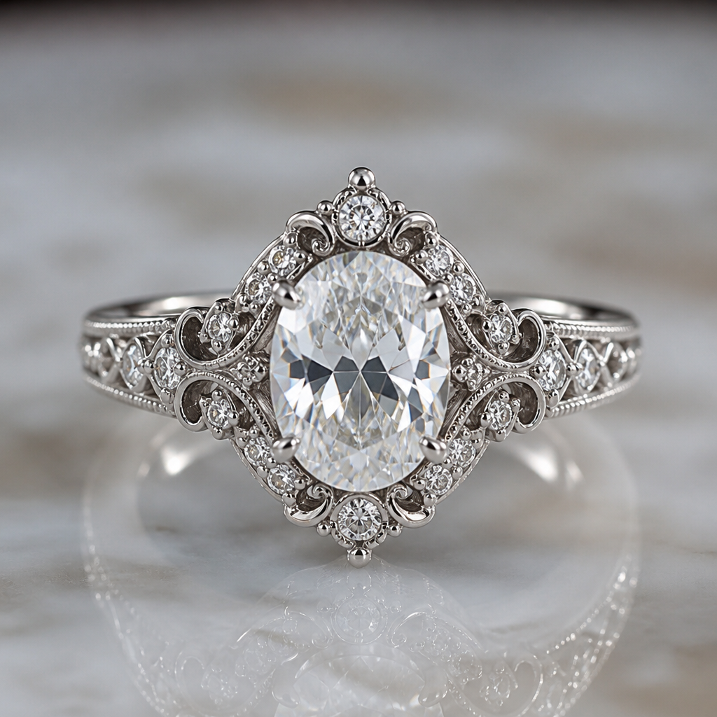 Victorian style engagement ring in white gold with oval stone
photorealistic jewelry design, Victorian style engagement ring in white gold with oval stone, bespoke style, just the design no text