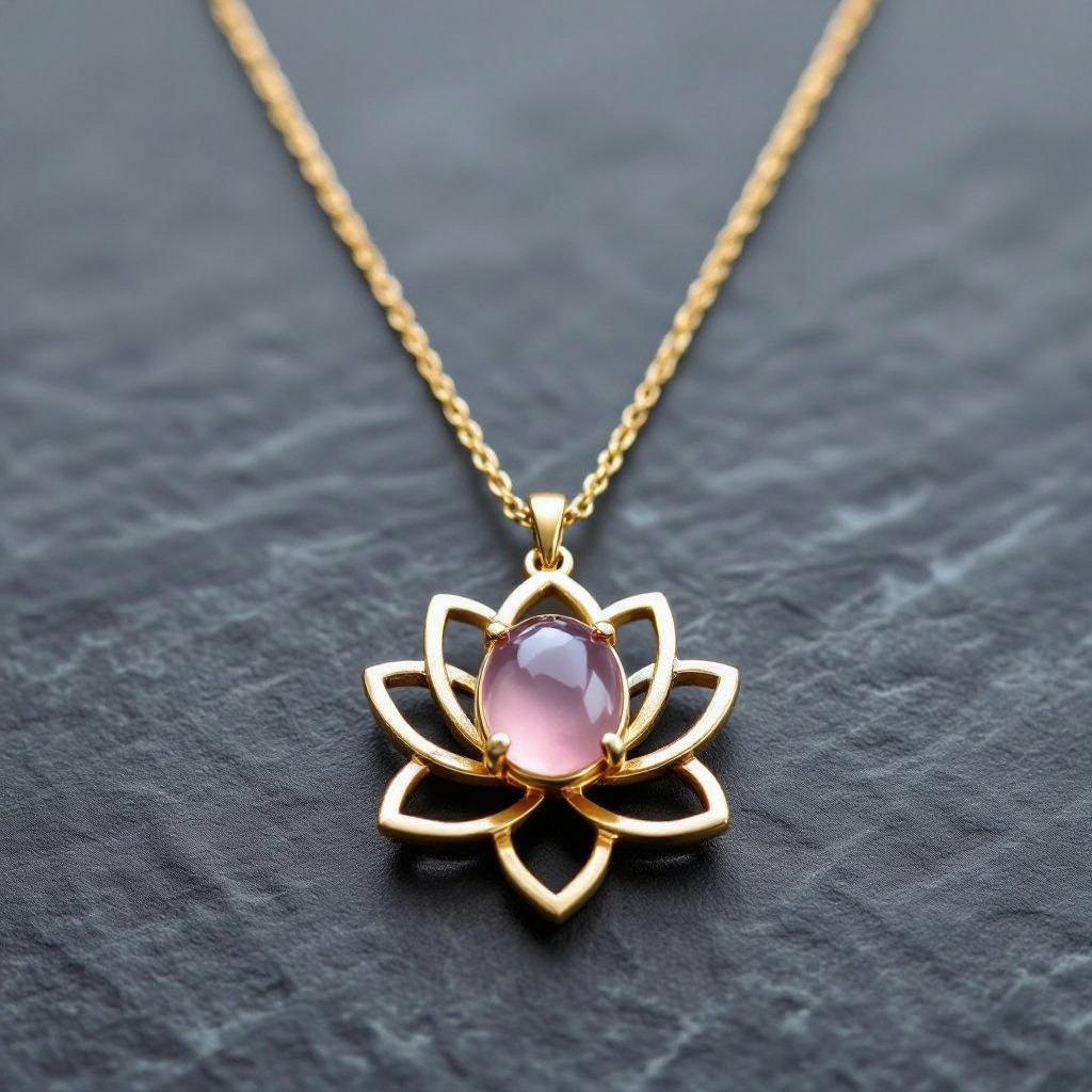 Золотая матовая цепочка. Подвеска матовая лотос шесть лепестков нижние лепестки крупнее верхних  не круглый . В сердце лотоса матовый розовый кварц овальный