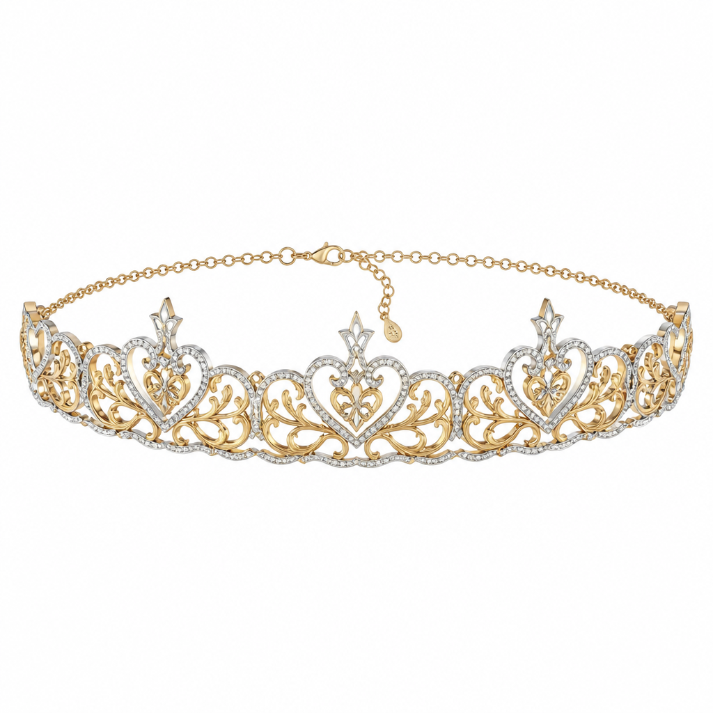 Princess letters in silver and gold chocker
photorealistic jewelry design, Princess letters in silver and gold chocker , just the design no text