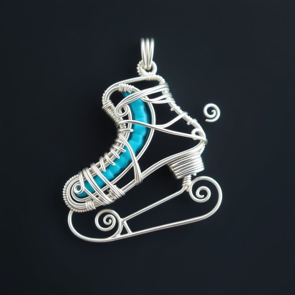 Silver Pendant shape one ice skate with turquoise stripe inside the low thin part blade