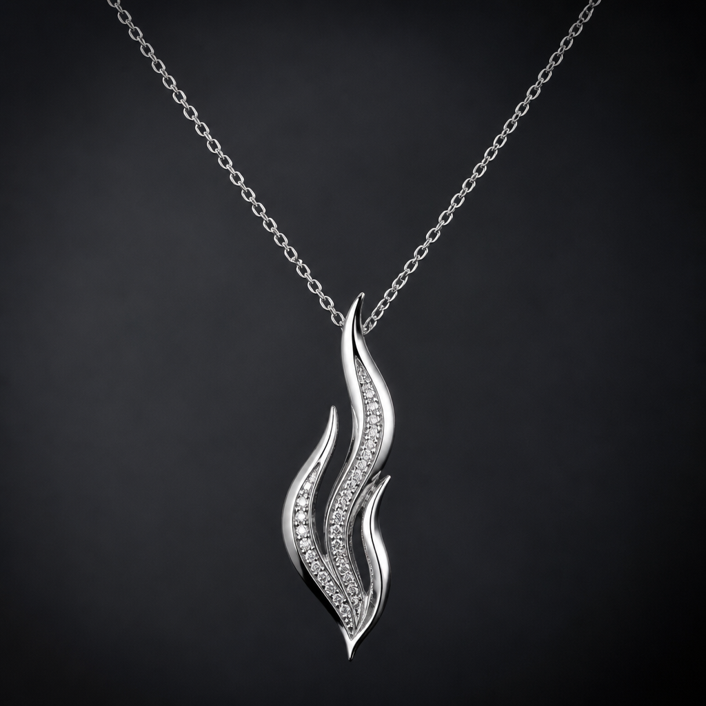 A women's necklace made of silver with diamond stones. flamme style minimaliste, qui ressmble à un feu
photorealistic jewelry design, A women's necklace made of silver with diamond stones. flamme style minimaliste, qui ressmble à un feu, modern style, just the design no text