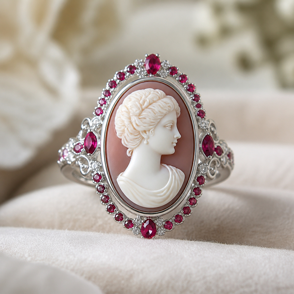 A cameo women's ring made of silver with ruby stones suitable for formal
photorealistic jewelry design, A cameo women's ring made of silver with ruby stones suitable for formal, cameo style, just the design no text