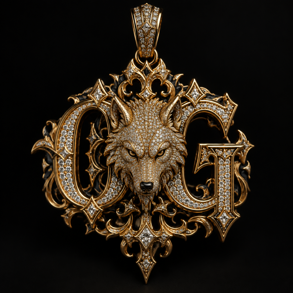 A gothic men's pendant made of gold, highly ornate, intricate and elaborate, richly detailed. una ej con las letras O y G con un lobo en diamantes
photorealistic jewelry design, A gothic men's pendant made of gold, highly ornate, intricate and elaborate, richly detailed. una ej con las letras O y G con un lobo en diamantes, gothic style, just the design no text