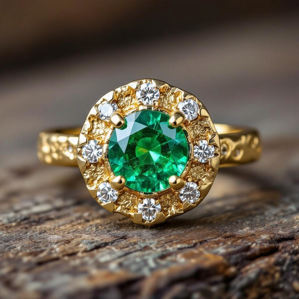 Central de esmeralda redonda con 6 diamantes al rededor en oro amarillo 