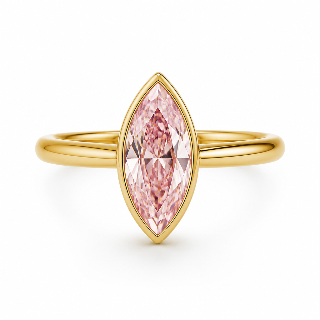 A women's ring. "Create an elegant engagement ring featuring a 2-carat marquise-cut pink lab-grown diamond as the center stone. The diamond should be a soft blush pink color with excellent brilliance. Set the stone in a thin yellow gold bezel (gold rim) setting that follows the shape of the marquise diamond. The band should be slim, polished, and made of 18k yellow gold. The design should be timeless, feminine, luxurious, and inspired by old-money elegance. High-end jewelry photography, realistic lighting, ultra-detailed, photorealistic, luxury engagement ring, white background
photorealistic jewelry design, A women's ring. "Create an elegant engagement ring featuring a 2-carat marquise-cut pink lab-grown diamond as the center stone. The diamond should be a soft blush pink color with excellent brilliance. Set the stone in a thin yellow gold bezel (gold rim) setting that follows the shape of the marquise diamond. The band should be slim, polished, and made of 18k yellow gold. The design should be timeless, feminine, luxurious, and inspired by old-money elegance. High-end jewelry photography, realistic lighting, ultra-detailed, photorealistic, luxury engagement ring, white background, modern style, just the design no text
