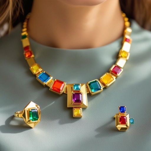 Necklace and ring and earring with luxury colorful jewel with gold
