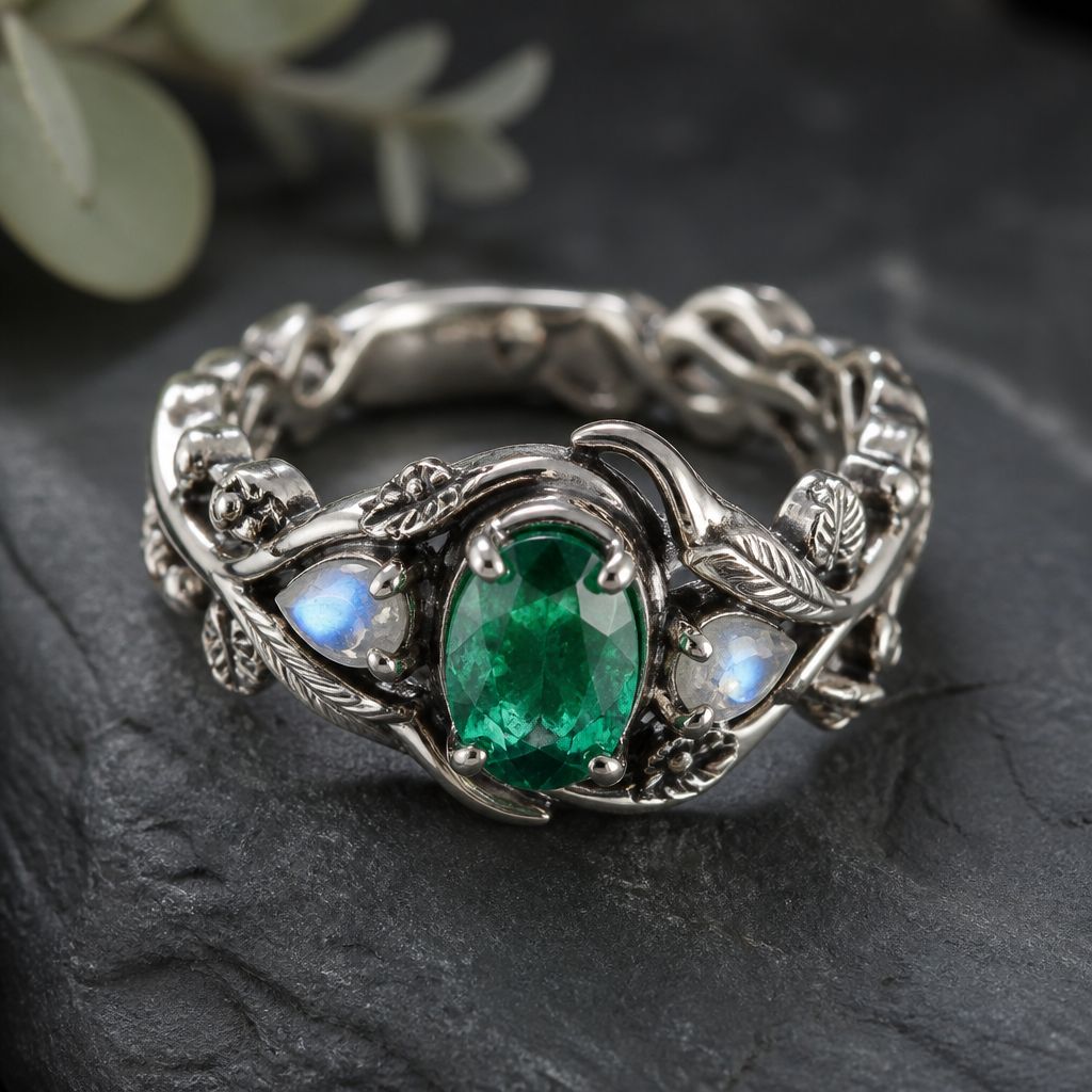 Silver ring with intricate details going all around the band, the shoulders of the ring give the illusion of swirling around the stone. The center stone is an oval shaped emerald, with small pieces of moonstone as side stones
photorealistic jewelry design, Silver ring with intricate details going all around the band, the shoulders of the ring give the illusion of swirling around the stone. The center stone is an oval shaped emerald, with small pieces of moonstone as side stones, nature_inspired style, just the design no text