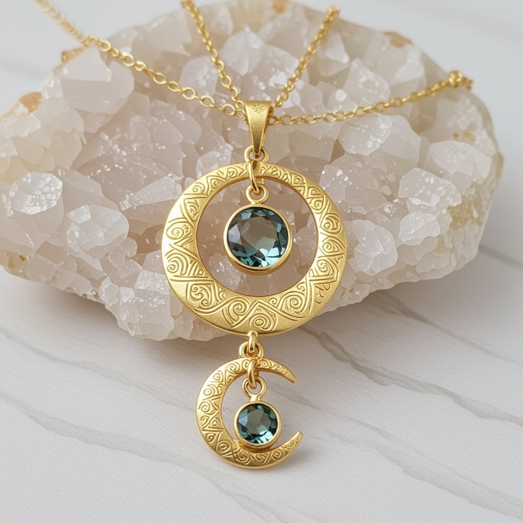  Подвеска из трех полумесяцев с узорами и камнями раухтопаза из матового неровного светлого золота с узорами соединенных цепочкой сверху самый широкий полукруг дальше средний и снизу самый маленький