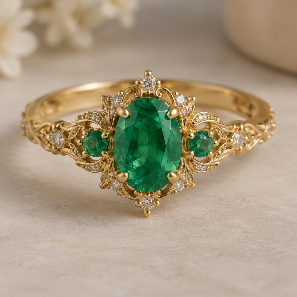 A vintage women's ring made of gold with emerald stones suitable for wedding
photorealistic jewelry design, A vintage women's ring made of gold with emerald stones suitable for wedding, vintage style, just the design no text