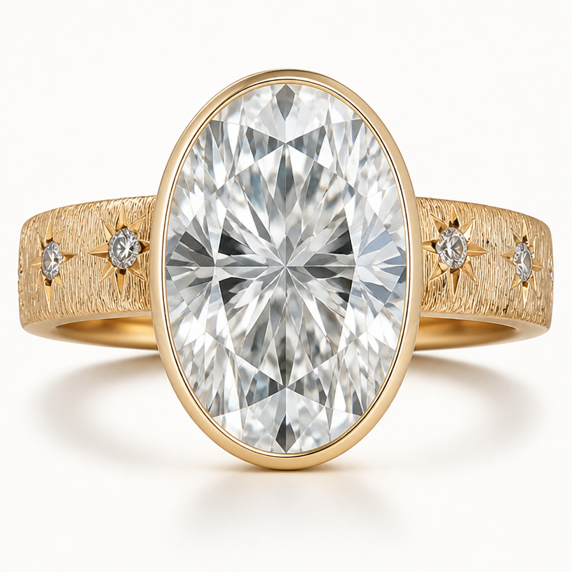 A women's ring. bigger oval diamond in semi flat bezel style
using the attached image as a visual reference, create A women's ring. bigger oval diamond in semi flat bezel style. photorealistic, just the design no text