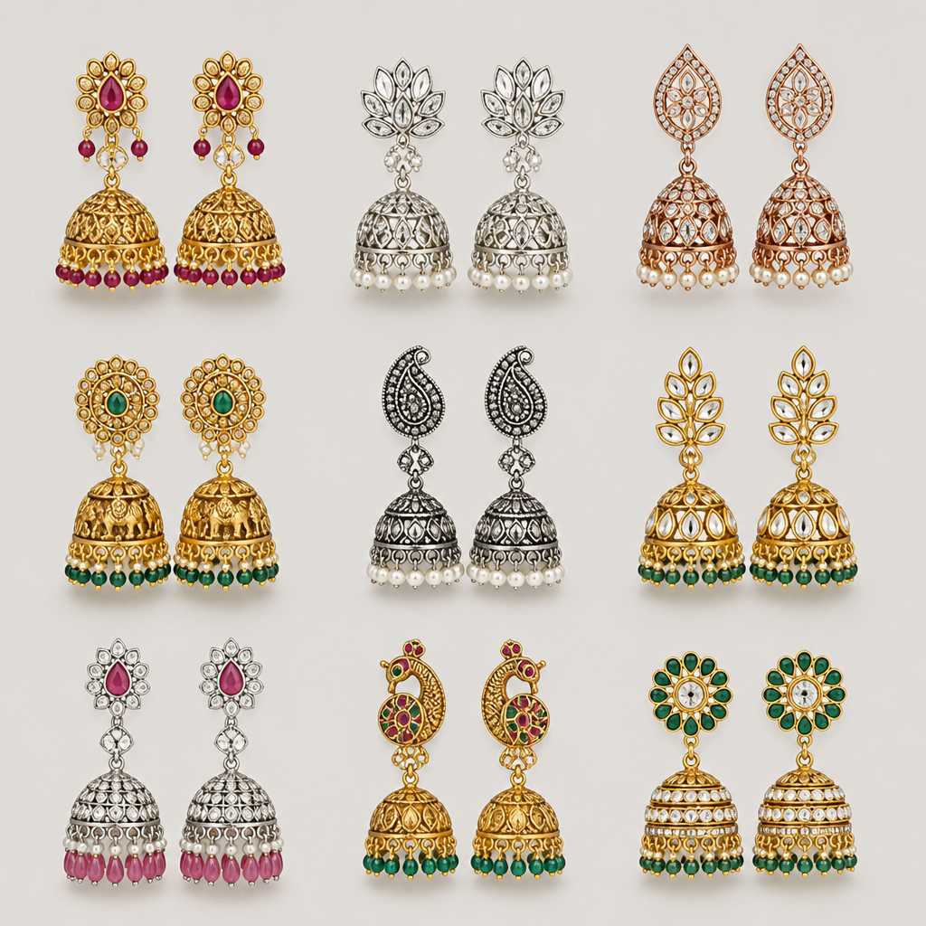 A women's ring. Create 10 completely NEW and original Indian jhumka earring designs for a modern jewellery collection.
Design requirements:
Each of the 10 designs must be visually different from the others.
Elegant Indian traditional style with a modern commercial touch.
Suitable for imitation jewellery manufacturing and mass-market sales.
Focus specifically on earrings; no necklace, ring or other jewellery.
Create attractive proportions that look comfortable and wearable.
Use different combinations of jhumka shapes, drops, chains, beads, stones and decorative elements.
Include variations using antique gold, rose gold, silver, CZ stones, pearls, coloured stones and oxidized finishes.
Some designs should be lightweight daily-wear styles and some should be premium/party-wear styles.
Avoid copying any existing famous jewellery design.
Make the designs realistic and technically believable for manufacturing.
Show each earring pair clearly from the front.
High-detail jewellery product visualization.
Clean neutral background.
Sharp focus, realistic metal texture, realistic gemstones and professional jewellery photography.
Luxury catalogue quality, 4K, photorealistic.
Important: Generate genuinely NEW design concepts rather than simply changing the colour of an existing design. Keep each design unique in silhouette, ornamentation and construction.
photorealistic jewelry design, A women's ring. Create 10 completely NEW and original Indian jhumka earring designs for a modern jewellery collection.
Design requirements:
Each of the 10 designs must be visually different from the others.
Elegant Indian traditional style with a modern commercial touch.
Suitable for imitation jewellery manufacturing and mass-market sales.
Focus specifically on earrings; no necklace, ring or other jewellery.
Create attractive proportions that look comfortable and wearable.
Use different combinations of jhumka shapes, drops, chains, beads, stones and decorative elements.
Include variations using antique gold, rose gold, silver, CZ stones, pearls, coloured stones and oxidized finishes.
Some designs should be lightweight daily-wear styles and some should be premium/party-wear styles.
Avoid copying any existing famous jewellery design.
Make the designs realistic and technically believable for manufacturing.
Show each earring pair clearly from the front.
High-detail jewellery product visualization.
Clean neutral background.
Sharp focus, realistic metal texture, realistic gemstones and professional jewellery photography.
Luxury catalogue quality, 4K, photorealistic.
Important: Generate genuinely NEW design concepts rather than simply changing the colour of an existing design. Keep each design unique in silhouette, ornamentation and construction., modern style, just the design no text
