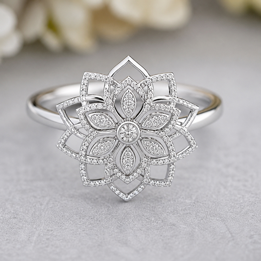 A women's ring made of silver with diamond stones. bague style mandala feminin delicat eleguant et metal fin
photorealistic jewelry design, A women's ring made of silver with diamond stones. bague style mandala feminin delicat eleguant et metal fin, modern style, just the design no text