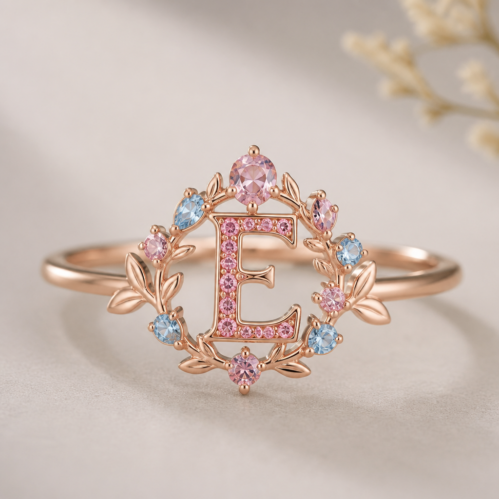 A nature-inspired women's ring, minimalist, simple and delicate, clean lines. anel de 15 anos com inicial E com pedras rosa dentro com azul e rosa em volta
photorealistic jewelry design, A nature-inspired women's ring, minimalist, simple and delicate, clean lines. anel de 15 anos com inicial E com pedras rosa dentro com azul e rosa em volta, nature_inspired style, just the design no text