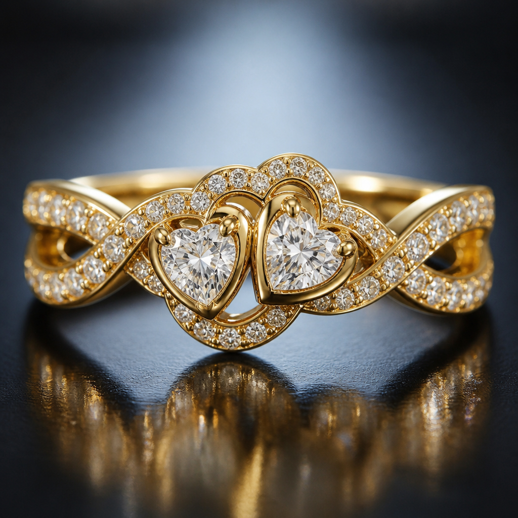 A romantic women's ring made of gold with diamond stones suitable for engagement. one of a kind custom infinite love wedding rings where two hearts meet in the center of infinite love shrouded In an array of diamonds
photorealistic jewelry design, A romantic women's ring made of gold with diamond stones suitable for engagement. one of a kind custom infinite love wedding rings where two hearts meet in the center of infinite love shrouded In an array of diamonds, romantic style, just the design no text