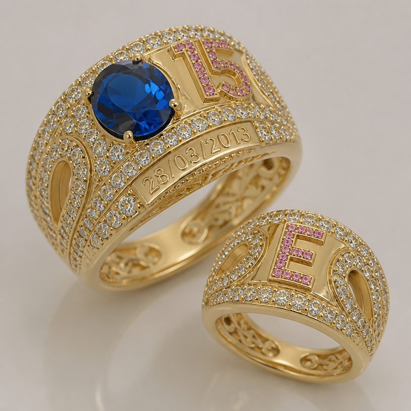 A women's ring, highly ornate, intricate and elaborate, richly detailed. anel de 15 anos nesse estilo com a pedra do outro lado da letra ,cheio de pedrinhas em volta com a frase 28/03/2013 e o anel um pouco menor com a inicial E
using the attached image as a visual reference, create A women's ring, highly ornate, intricate and elaborate, richly detailed. anel de 15 anos nesse estilo com a pedra do outro lado da letra ,cheio de pedrinhas em volta com a frase 28/03/2013 e o anel um pouco menor com a inicial E. photorealistic, just the design no text