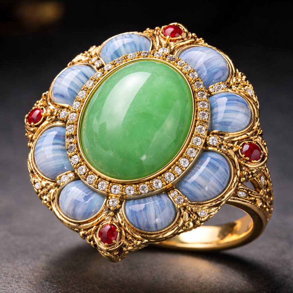 Make a ring with a light green jade stone in the middle with blue lace agate around it. Imperial Chinese style. Make it look like it belongs to an empress. Make it look gorgeous