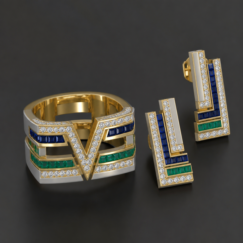 A geometric women's ring made of gold with emerald and diamond and sapphire stones. Un anillo cuadrado grueso con una letra V en el centro en el aro qué hace el anillo tiene que haber una separación como si fueran dos aros en el mismo anillos con esmeraldas safiros y diamantes en oro blanco y oro amarillo y unos aretes qué hagan juego
photorealistic jewelry design, A geometric women's ring made of gold with emerald and diamond and sapphire stones. Un anillo cuadrado grueso con una letra V en el centro en el aro qué hace el anillo tiene que haber una separación como si fueran dos aros en el mismo anillos con esmeraldas safiros y diamantes en oro blanco y oro amarillo y unos aretes qué hagan juego, geometric style, just the design no text