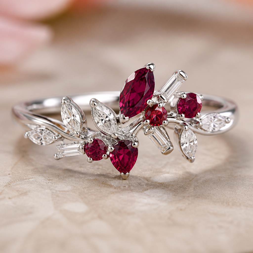 A women's ring made of white gold with ruby and diamond stones. create a nature inspired anniversary ring that uses multiple cuts of stones
photorealistic jewelry design, A women's ring made of white gold with ruby and diamond stones. create a nature inspired anniversary ring that uses multiple cuts of stones, modern style, just the design no text