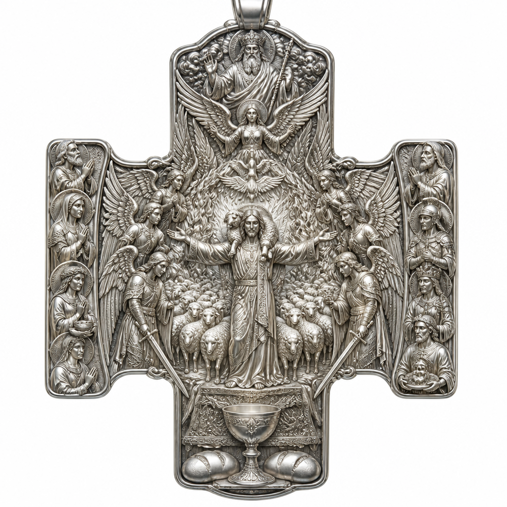 A sculptural women's pendant made of silver suitable for festival. An extraordinary excellent beautiful delicate and elegant, super modern Cross, without stones, without background only the Cross, with Jesus Christ as the Good Shepherd with a beautiful delicate and elegant face, with long hair, with a beautiful delicate elegant and fit body, with His hands wide open to receive all of us, with a beautiful delicate elegant and beautifully ornated tunic, with a beautiful delicate and elegant sheep on His shoulders, with a beautiful delicate and elegant flock of beautiful delicate and elegant sheep backward of Him. Over Jesus Christ and the flock to be placed the Holy Spirit as an Angel with a beautiful delicate and elegant face, with long hair, with big wings flying, with a beautiful delicate elegant and fit body, with a beautiful delicate elegant and beautifully ornated tunic under the Angel to be placed a beautiful delicate and elegant dove flying both of them the Angel and the dove to be surrounded by tongues of fire radiating light to Jesus Christ and the flock. Over the Holy Spirit to be placed God the Father with a beautiful delicate and elegant face, with long hair, with a beautiful delicate elegant and fit body, with a beautiful delicate and elegant tunic, with a beautiful delicate and elegant sceptre at His left hand blessing the world with His right hand, with a beautiful delicate elegant and beautifully ornated crown on His head. At the bottom of the Cross to be placed the Holy Communion with a beautiful delicate elegant and beautifully ornated chalice and two breads around the chalice. At the lower right side of the Cross to be stacked one by one Saint John the Baptist with a beautiful delicate elegant and beautifully ornated platter with his head on it. Over Saint John the Baptist to be placed Saint Constantine with a beautiful delicate and elegant face, with long hair, with a beautiful delicate and elegant crown on his head, with a beautiful delicate elegant and fit body, with a beautiful delicate and elegant armour holding a beautiful delicate elegant and beautifully ornated Cross. Over Saint Constantine to be placed Saint George with a beautiful delicate and elegant face, with long hair, with a beautiful delicate elegant and beautifully ornated helmet with a beautiful delicate elegant and fit body, with a beautiful delicate elegant and beautifully ornated armour, holding a beautiful delicate and elegant sword with his right hand at low position and near the floor giving respect to the Holy Trinity and Praying. Over Saint George to be placed Saint Peter the Apostle Praying. At the left lower side of the Cross to be placed stacked Saint Paraskevi with a beautiful delicate and elegant face, with long hair, with a beautiful delicate elegant and beautifully curved body, with a beautiful delicate elegant and beautifully ornated tunic holding a bowl with two eyes in it. Over Saint Paraskevi to be placed Saint Irene with a beautiful delicate and elegant face, with long hair, with a beautiful delicate elegant and beautifully ornated wreath on her head, with a beautiful delicate elegant and beautifully curved body, with a beautiful delicate elegant and beautifully ornated tunic Praying. Over Saint Irene to be placed Virgo Maria with a beautiful delicate and elegant face, with beautifully ornated long hair, with a beautiful delicate elegant and beautifully curved body, with a beautiful delicate elegant and beautifully ornated tunic Praying. Over Virgo Maria to be placed Saint Paul the Apostle Praying. At the right side of the Cross to be placed Saint Michael the Archangel with a beautiful delicate and elegant face, with long hair, with a beautiful delicate elegant and beautifully ornated helmet, with a beautiful delicate elegant and fit body, with big wings flying, with a beautiful delicate elegant and beautifully ornated armour, holding His beautiful delicate elegant and beautifully ornated sword low to the ground giving respect to the Holy Trinity and Praying. In front of Saint Michael the Archangel to be placed Saint Gabriel the Archangel with a beautiful delicate and elegant face, with long hair, with a beautiful delicate elegant and beautifully ornated helmet on His head, with a beautiful delicate elegant and fit body, with big wings flying, with a beautiful delicate elegant and beautifully ornated armour, holding a beautiful delicate elegant and beautifully ornated bucket of lilyes and Praying. At the left side of the Cross to be placed Saint Rafael the Archangel with a beautiful delicate and elegant face, with long hair, with a beautiful delicate elegant and beautifully ornated helmet, with a beautiful delicate elegant and fit body, with big wings flying, with a beautiful delicate elegant and beautifully ornated armour, holding a beautiful delicate elegant and beautifully ornated sword with his right hand low giving respect to the Holy Trinity and Praying. In front of Saint Rafael the Archangel to be placed the Guardian Angel with a beautiful delicate and elegant face, with long hair, with a beautiful delicate elegant and beautifully ornated with flowers wreath on His head, with a beautiful delicate elegant and fit body, with a beautiful delicate elegant and beautifully ornated tunic Praying. Make all the Angels, the Saints, God the Father, the Holy Spirit and Jesus Christ and the flock as statues.
photorealistic jewelry design, A sculptural women's pendant made of silver suitable for festival. An extraordinary excellent beautiful delicate and elegant, super modern Cross, without stones, without background only the Cross, with Jesus Christ as the Good Shepherd with a beautiful delicate and elegant face, with long hair, with a beautiful delicate elegant and fit body, with His hands wide open to receive all of us, with a beautiful delicate elegant and beautifully ornated tunic, with a beautiful delicate and elegant sheep on His shoulders, with a beautiful delicate and elegant flock of beautiful delicate and elegant sheep backward of Him. Over Jesus Christ and the flock to be placed the Holy Spirit as an Angel with a beautiful delicate and elegant face, with long hair, with big wings flying, with a beautiful delicate elegant and fit body, with a beautiful delicate elegant and beautifully ornated tunic under the Angel to be placed a beautiful delicate and elegant dove flying both of them the Angel and the dove to be surrounded by tongues of fire radiating light to Jesus Christ and the flock. Over the Holy Spirit to be placed God the Father with a beautiful delicate and elegant face, with long hair, with a beautiful delicate elegant and fit body, with a beautiful delicate and elegant tunic, with a beautiful delicate and elegant sceptre at His left hand blessing the world with His right hand, with a beautiful delicate elegant and beautifully ornated crown on His head. At the bottom of the Cross to be placed the Holy Communion with a beautiful delicate elegant and beautifully ornated chalice and two breads around the chalice. At the lower right side of the Cross to be stacked one by one Saint John the Baptist with a beautiful delicate elegant and beautifully ornated platter with his head on it. Over Saint John the Baptist to be placed Saint Constantine with a beautiful delicate and elegant face, with long hair, with a beautiful delicate and elegant crown on his head, with a beautiful delicate elegant and fit body, with a beautiful delicate and elegant armour holding a beautiful delicate elegant and beautifully ornated Cross. Over Saint Constantine to be placed Saint George with a beautiful delicate and elegant face, with long hair, with a beautiful delicate elegant and beautifully ornated helmet with a beautiful delicate elegant and fit body, with a beautiful delicate elegant and beautifully ornated armour, holding a beautiful delicate and elegant sword with his right hand at low position and near the floor giving respect to the Holy Trinity and Praying. Over Saint George to be placed Saint Peter the Apostle Praying. At the left lower side of the Cross to be placed stacked Saint Paraskevi with a beautiful delicate and elegant face, with long hair, with a beautiful delicate elegant and beautifully curved body, with a beautiful delicate elegant and beautifully ornated tunic holding a bowl with two eyes in it. Over Saint Paraskevi to be placed Saint Irene with a beautiful delicate and elegant face, with long hair, with a beautiful delicate elegant and beautifully ornated wreath on her head, with a beautiful delicate elegant and beautifully curved body, with a beautiful delicate elegant and beautifully ornated tunic Praying. Over Saint Irene to be placed Virgo Maria with a beautiful delicate and elegant face, with beautifully ornated long hair, with a beautiful delicate elegant and beautifully curved body, with a beautiful delicate elegant and beautifully ornated tunic Praying. Over Virgo Maria to be placed Saint Paul the Apostle Praying. At the right side of the Cross to be placed Saint Michael the Archangel with a beautiful delicate and elegant face, with long hair, with a beautiful delicate elegant and beautifully ornated helmet, with a beautiful delicate elegant and fit body, with big wings flying, with a beautiful delicate elegant and beautifully ornated armour, holding His beautiful delicate elegant and beautifully ornated sword low to the ground giving respect to the Holy Trinity and Praying. In front of Saint Michael the Archangel to be placed Saint Gabriel the Archangel with a beautiful delicate and elegant face, with long hair, with a beautiful delicate elegant and beautifully ornated helmet on His head, with a beautiful delicate elegant and fit body, with big wings flying, with a beautiful delicate elegant and beautifully ornated armour, holding a beautiful delicate elegant and beautifully ornated bucket of lilyes and Praying. At the left side of the Cross to be placed Saint Rafael the Archangel with a beautiful delicate and elegant face, with long hair, with a beautiful delicate elegant and beautifully ornated helmet, with a beautiful delicate elegant and fit body, with big wings flying, with a beautiful delicate elegant and beautifully ornated armour, holding a beautiful delicate elegant and beautifully ornated sword with his right hand low giving respect to the Holy Trinity and Praying. In front of Saint Rafael the Archangel to be placed the Guardian Angel with a beautiful delicate and elegant face, with long hair, with a beautiful delicate elegant and beautifully ornated with flowers wreath on His head, with a beautiful delicate elegant and fit body, with a beautiful delicate elegant and beautifully ornated tunic Praying. Make all the Angels, the Saints, God the Father, the Holy Spirit and Jesus Christ and the flock as statues., sculptural style, just the design no text