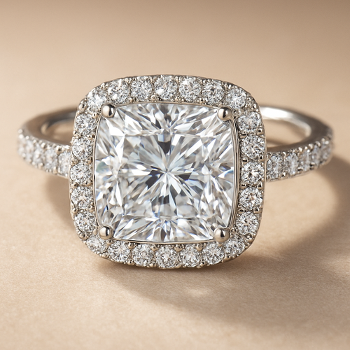 Viên nhẫn kim cương vuông, lấp lánh như miếng kẹo đường ấy! Trên mặt nhẫn là cục kim cương to đùng, cắt thành hình vuông nên nhìn bịch hẳn ra, không tròn lẳn như mấy viên khác đâu. Xung quanh là viền đá nhỏ li ti, xếp thành vòng ôm chặt lấy viên to, lấp lánh lung linh như sao nhỏ nhảy múa. Mình cầm lên thấy mát lạnh, đeo vào tay thì… ối zời, nặng tênh! Nhưng mà đẹp mê ly luôn, nhìn cái là muốn nhảy cẫng lên khoe liền ấy! Mày đeo thử không? Chắc chắn tay mày sẽ sáng rực cả góc phố! 