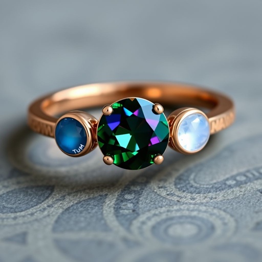 A simple rose gold engagement ring set with a circular alexandrite. Also set with a small half moon blue chalcedony on one side right next to it, and a small half moon moonstone set on the other side right next to it. On the inside of the band, it has an inscription reading, “Tuum. Et in hac vita et in altera.”