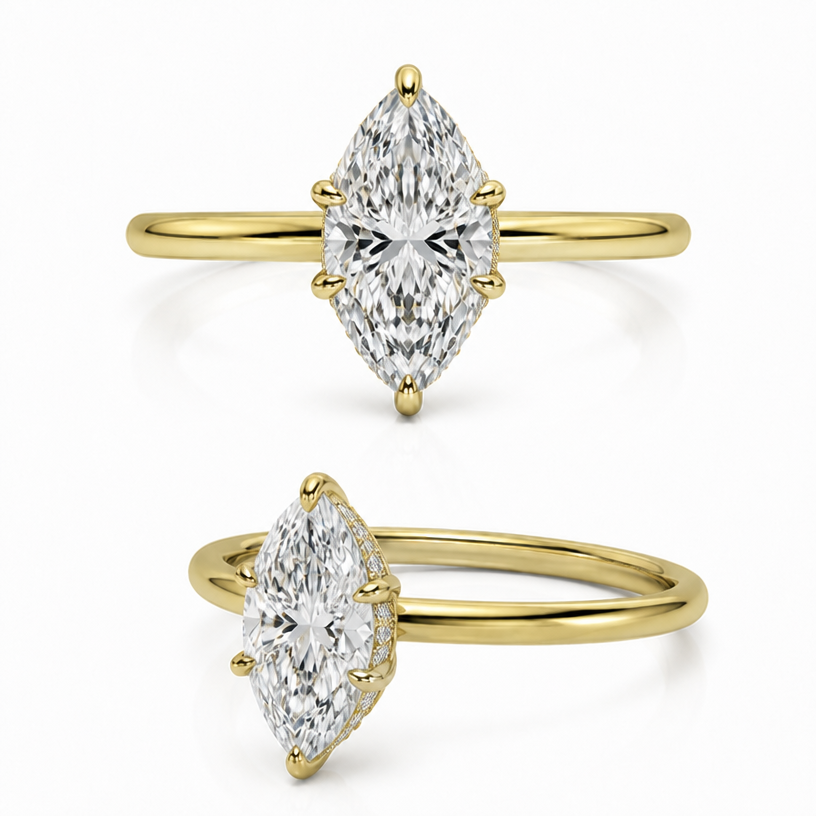 Could you now add a hidden diamond halo to the setting around the basket
edit the attached jewelry design with these instructions: Could you now add a hidden diamond halo to the setting around the basket. keep it photorealistic, just the design no text