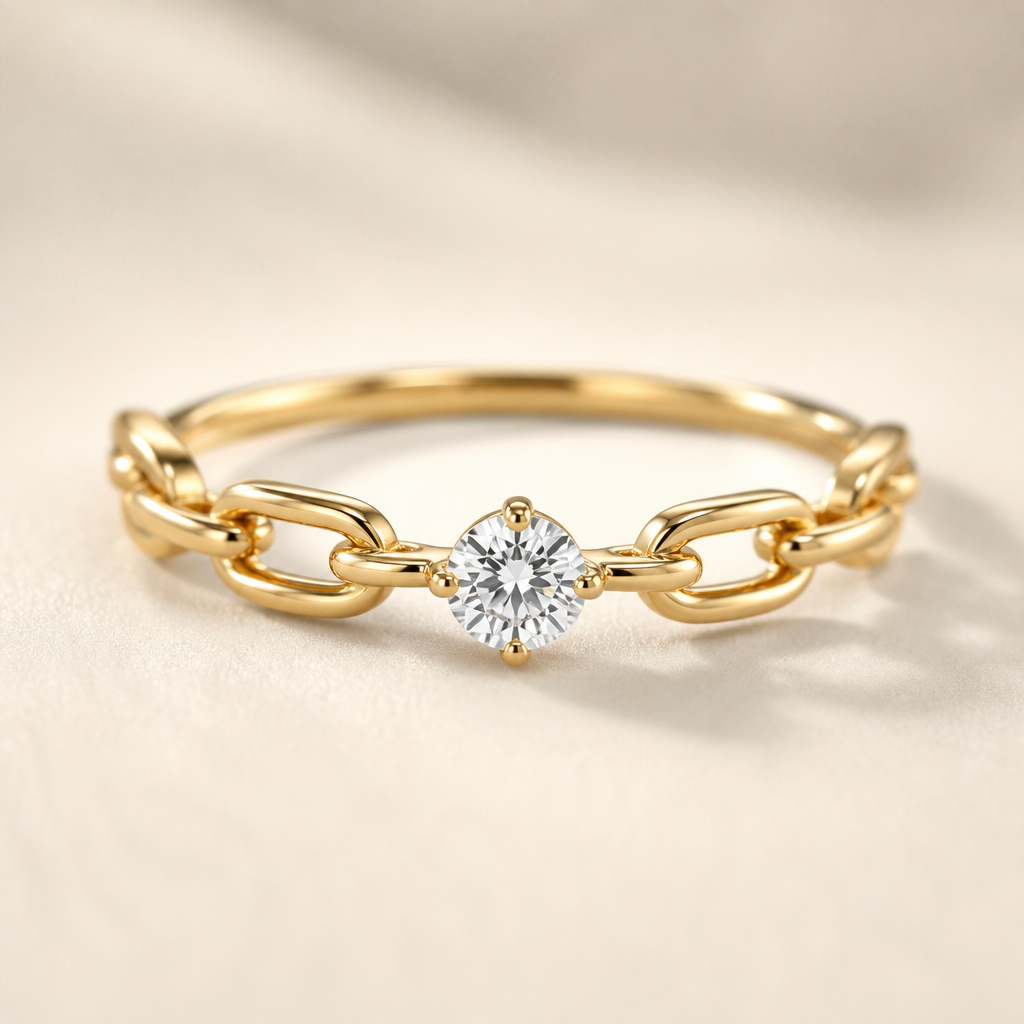 A women's ring. golden chain one diamond in middle
photorealistic jewelry design, A women's ring. golden chain one diamond in middle, modern style, just the design no text