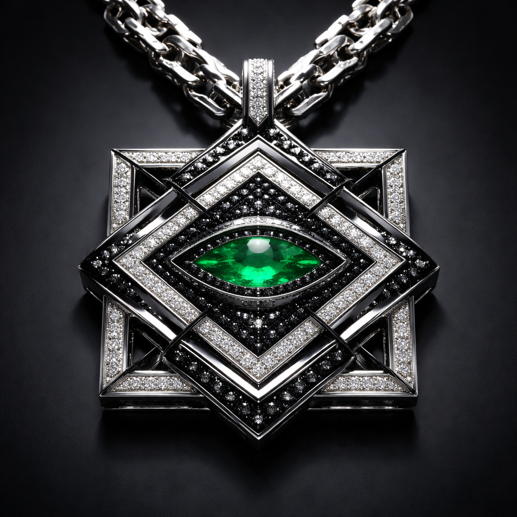 Geomatric architecture square shape adding green emerald like eye for men with white and black diamonds pendant and chain of angles and shapes