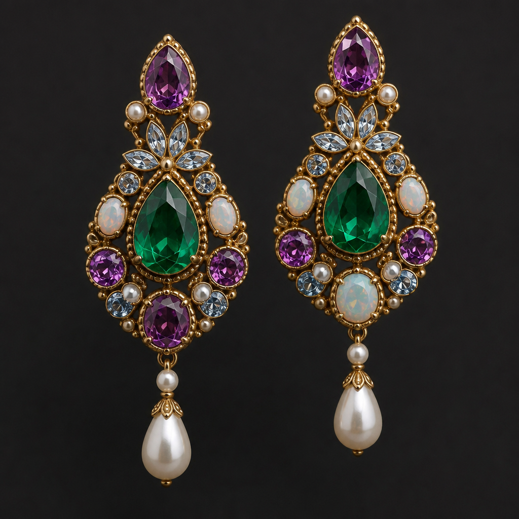 A antique women's earrings made of gold with emerald and pearl and amethyst and opal and topaz stones suitable for party
photorealistic jewelry design, A antique women's earrings made of gold with emerald and pearl and amethyst and opal and topaz stones suitable for party, antique style, just the design no text