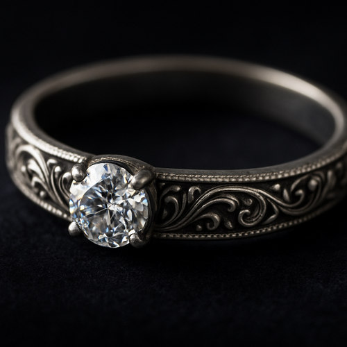 Ultra-detailed close-up of an elegant silver ring with a small round-cut diamond gemstone set at the center. The band is finely engraved with delicate ornamental patterns, slightly oxidized to emphasize the carvings. The surface of the silver gently reflects soft light, showing a subtle metallic texture. The diamond sparkles with perfect clarity, catching glimmers of light. The ring rests on a dark velvet background, creating contrast that highlights its shine and craftsmanship. Studio lighting, shallow depth of field, cinematic macro photography, ultra realistic, 8K detail, ray-traced reflections.