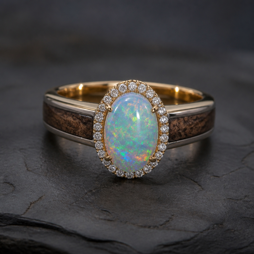 Engagement ring with spralted oak with a dark medium stain sandwiched in between gold with a 5ct vivid opal surrounded by diamond
photorealistic jewelry design, Engagement ring with spralted oak with a dark medium stain sandwiched in between gold with a 5ct vivid opal surrounded by diamond , mixed_metal style, just the design no text