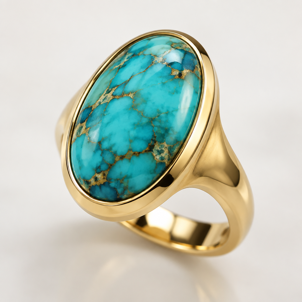 A bezel-set women's ring made of gold with turquoise stones suitable for anniversary. modern
big stone
ellipse
photorealistic jewelry design, A bezel-set women's ring made of gold with turquoise stones suitable for anniversary. modern
big stone
ellipse, bezel_set style, just the design no text