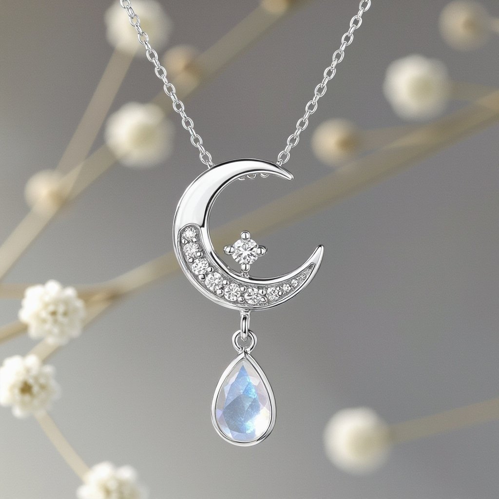Луна полумесяцем с мелкими камушками и маленький в виде кристала лунный камень подвеска