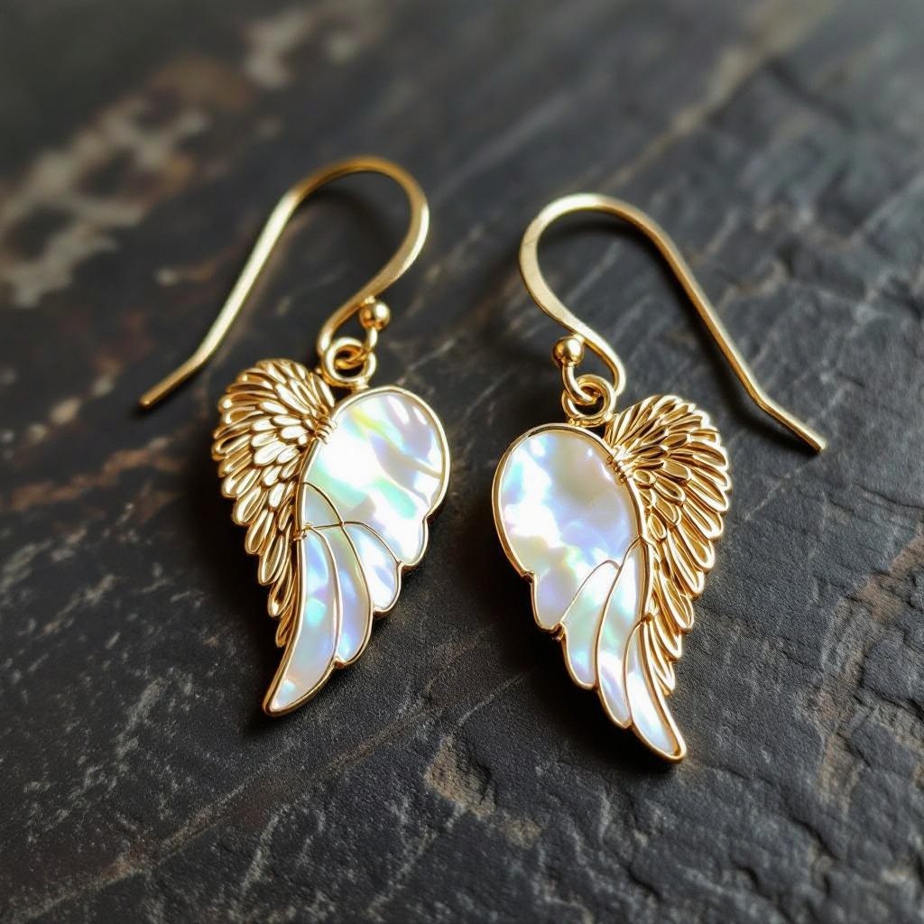 Серьги золотые в виде белого крыла ангела из перламутра 