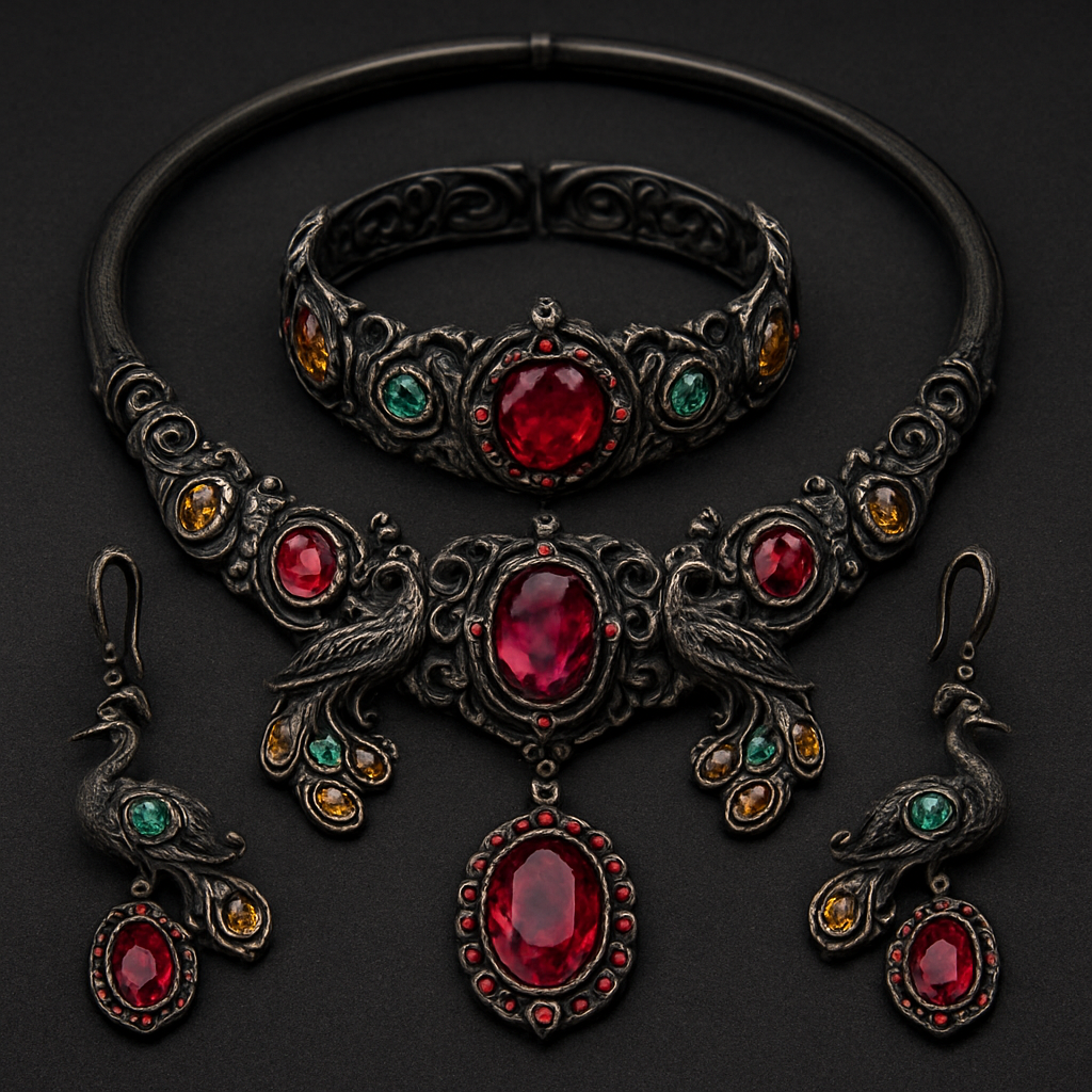A full Ruby jewelry set including bracelet with at least 10 citrine and green topaz inlays with peacock themes and an omega necklace