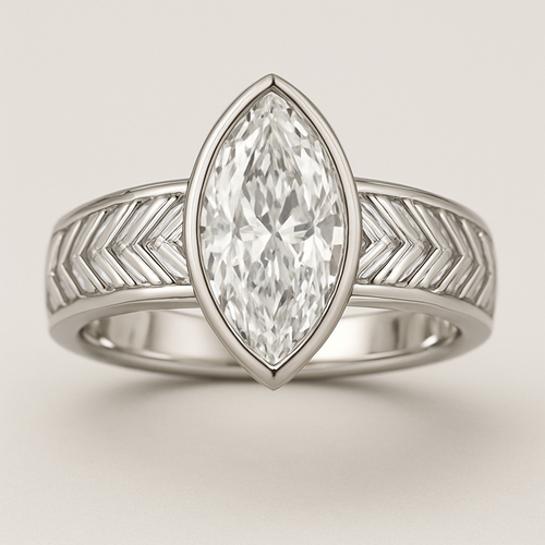 Bezel set 6 carat marquise diamond center stone with baguette diamonds in a herringbone pattern in the band