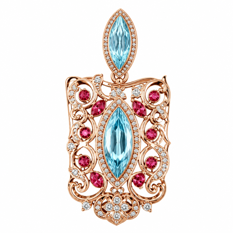 A heritage women's pendant made of rose gold with aquamarine and diamond and ruby stones suitable for anniversary, highly ornate, intricate and elaborate, richly detailed
using the attached image as a visual reference, create A heritage women's pendant made of rose gold with aquamarine and diamond and ruby stones suitable for anniversary, highly ornate, intricate and elaborate, richly detailed. photorealistic, just the design no text