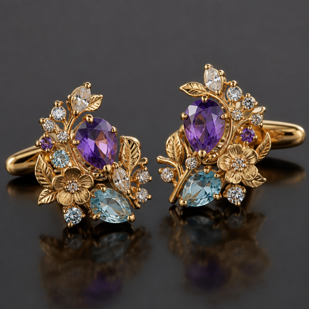 A nature women's cufflinks made of gold with amethyst and aquamarine and topaz and diamond stones suitable for formal, detailed and decorative, moderately ornate
photorealistic jewelry design, A nature women's cufflinks made of gold with amethyst and aquamarine and topaz and diamond stones suitable for formal, detailed and decorative, moderately ornate, nature_inspired style, just the design no text
