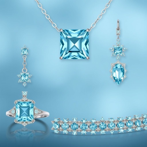 A aquamarine gemstone princess cut, 30, with VVS and M carat necklace, earrings, ring, and bracelet