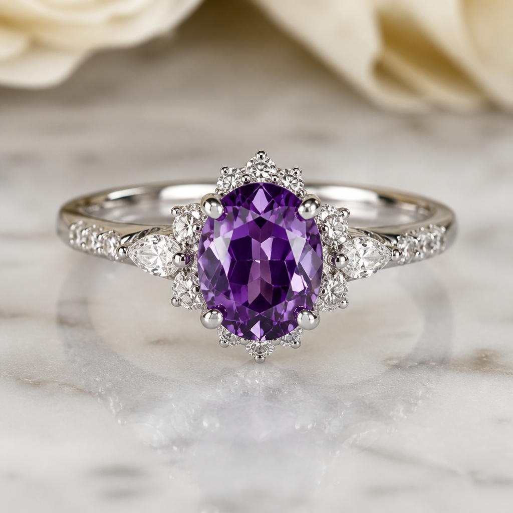 A classic women's ring made of silver with diamond and amethyst stones suitable for engagement
photorealistic jewelry design, A classic women's ring made of silver with diamond and amethyst stones suitable for engagement, classic style, just the design no text