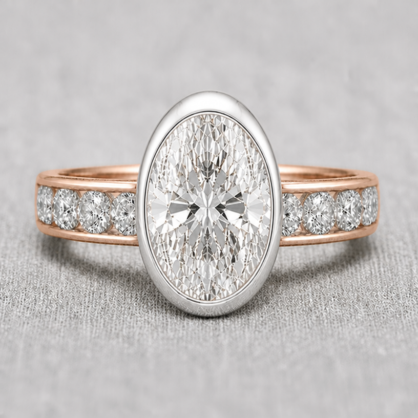 thicker bezel tapered down on the north and south of the main stone
edit the attached jewelry design with these instructions: thicker bezel tapered down on the north and south of the main stone. keep it photorealistic, just the design no text