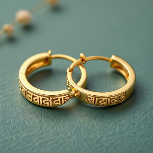 Серьги золотые в форме полукруга, полукруг как продолжение застежки, на полукруге надписи мантрами на санскрите