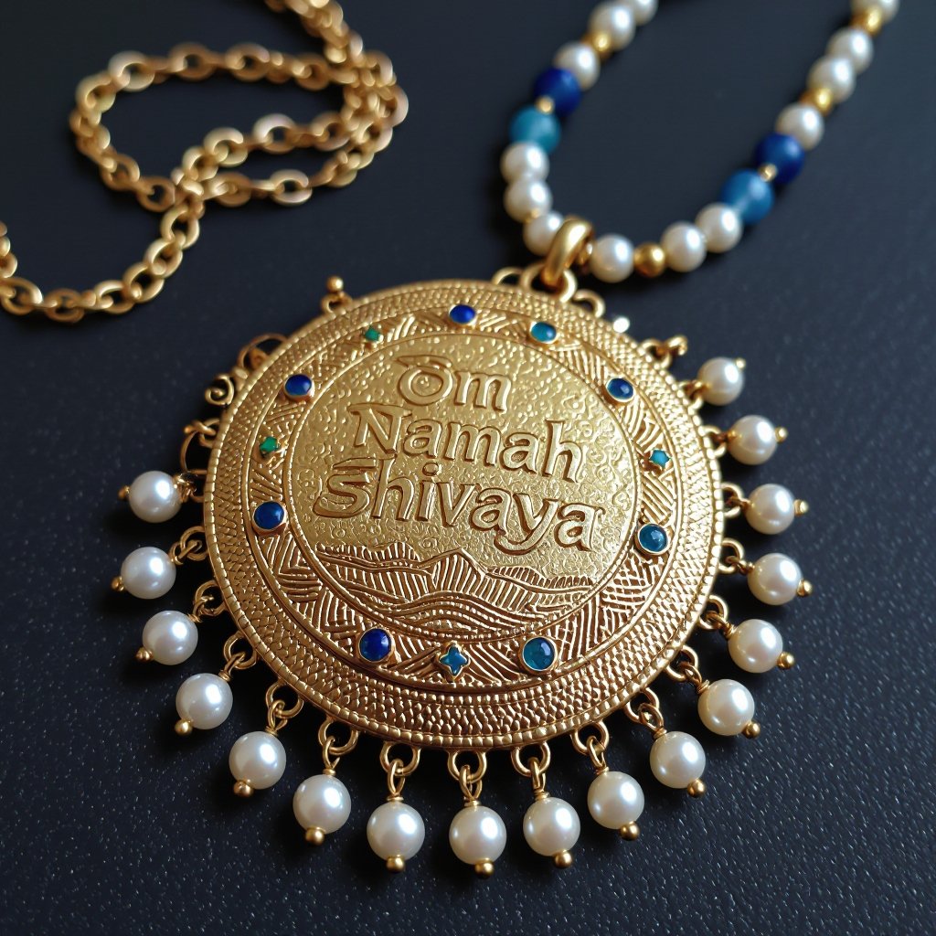 Кулон на длинной цепочке. Матовое светлое золото. В цепочке небольшие золотые шарики и синие камушки и жемчуга. Кулон в форме неровного мятого круга. На круге изображена надпись на санскрите om namah shivaya. Круг украшен лотосами звездами волнами узорами