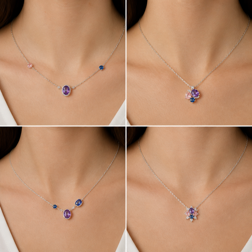 A romantic women's necklace made of silver with sapphire and amethyst and diamond stones. Version 1 : améthyste (février) au centre, quartz rose (octobre) et saphir bleu (septembre) sur la chaîne.
Version 2 : les trois pierres regroupées en pendentif.
Version 3 : disposition asymétrique, élégante et moderne.
Version 4 : style « constellation », avec les trois pierres proches du centre.
photorealistic jewelry design, A romantic women's necklace made of silver with sapphire and amethyst and diamond stones. Version 1 : améthyste (février) au centre, quartz rose (octobre) et saphir bleu (septembre) sur la chaîne.
Version 2 : les trois pierres regroupées en pendentif.
Version 3 : disposition asymétrique, élégante et moderne.
Version 4 : style « constellation », avec les trois pierres proches du centre., romantic style, just the design no text