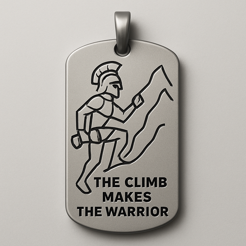 Create a detailed pendant design representing the theme “The Climb makes the Warrior.”
Depict a stylized warrior in minimalist geometric line art, wearing a classic helmet and climbing along a wavy mountain line with visible peaks and valleys.
The warrior holds one dumbbell in the left hand, symbolizing controlled strength and physical discipline.
The composition should feel balanced — the warrior and the mountain line are of equal visual weight, suggesting harmony between inner growth and external effort.

Style & aesthetic:

Modern minimalist, high-contrast line engraving suitable for metal.

No facial details; the warrior is an archetype, not a person.

Strong, clean lines; slightly angular but refined edges.

Include subtle engraved text: “The Climb makes the Warrior.”

Placement of text: below or along the mountain contour.

Form & material:

Pendant shape: vertical rectangle or elongated oval (2–3 cm height).

Materials: matte titanium, brushed steel, or dark zirkonium.

Smooth contours, suitable for daily wear and sports.

Optionally add a small loop at the top for chain attachment.

Lighting / render style:

Studio lighting, neutral gray background.

Emphasize texture of the metal and engraving depth.

Mood & symbolism:
Strength through persistence, balance between movement and focus, a timeless emblem of discipline and inner power.