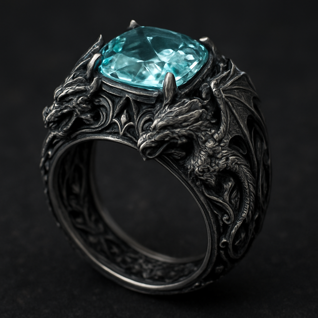 Aquamarine ring with inlays and dragon motifs